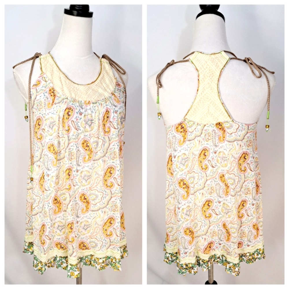 Free People Paisley Tunic Tank Top Rope Tie Shoulders Bead Tassel Racerback